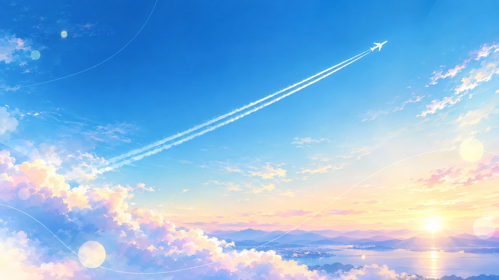 青い空に、白い飛行機雲を引いて飛ぶ飛行機。手前は朝焼けの雲。